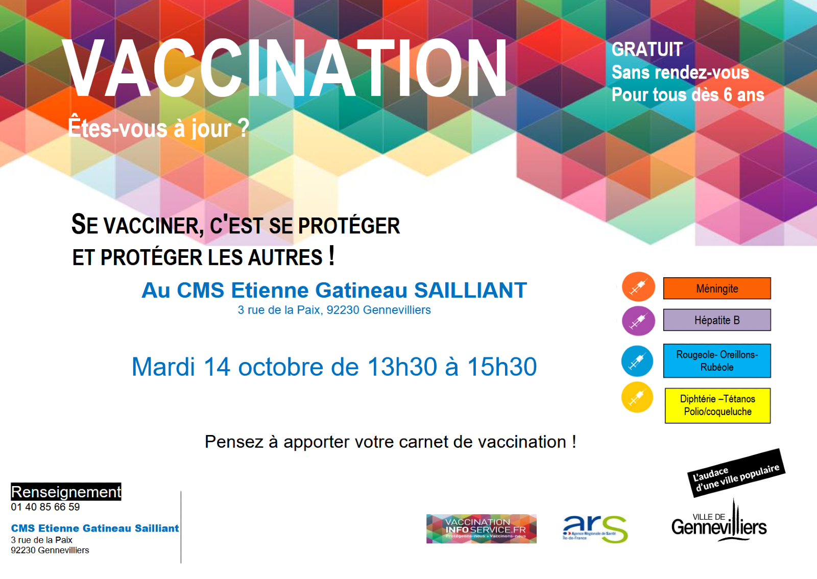 Vaccination au CMS EGS (3 rue de la paix 92230) | Mardi 14/10/25 (13h30-15h30)